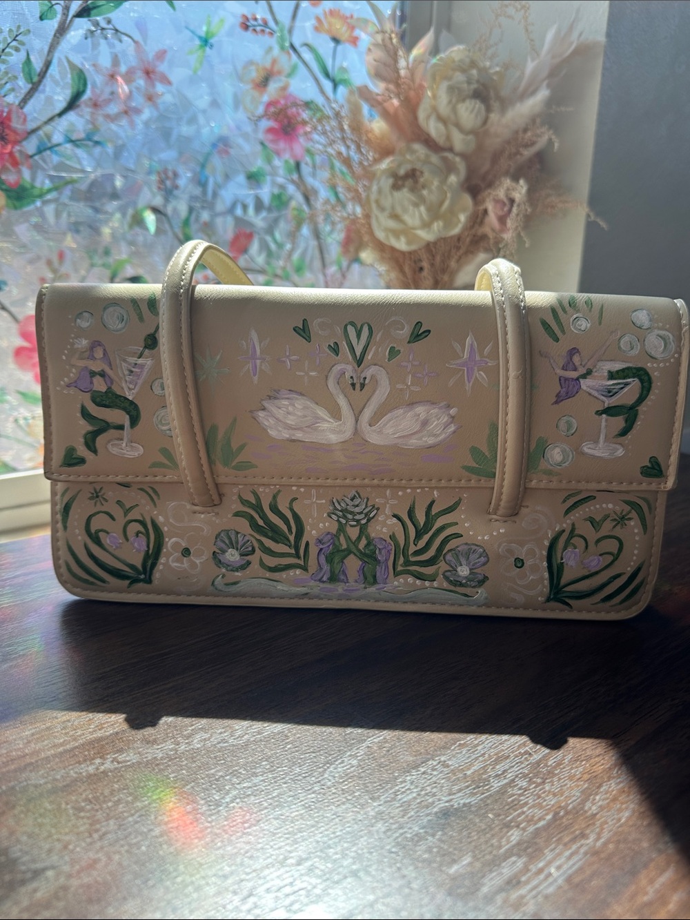 Mermaid Swan Art Bag Vintage MNG Hand Painted Vegan Leather